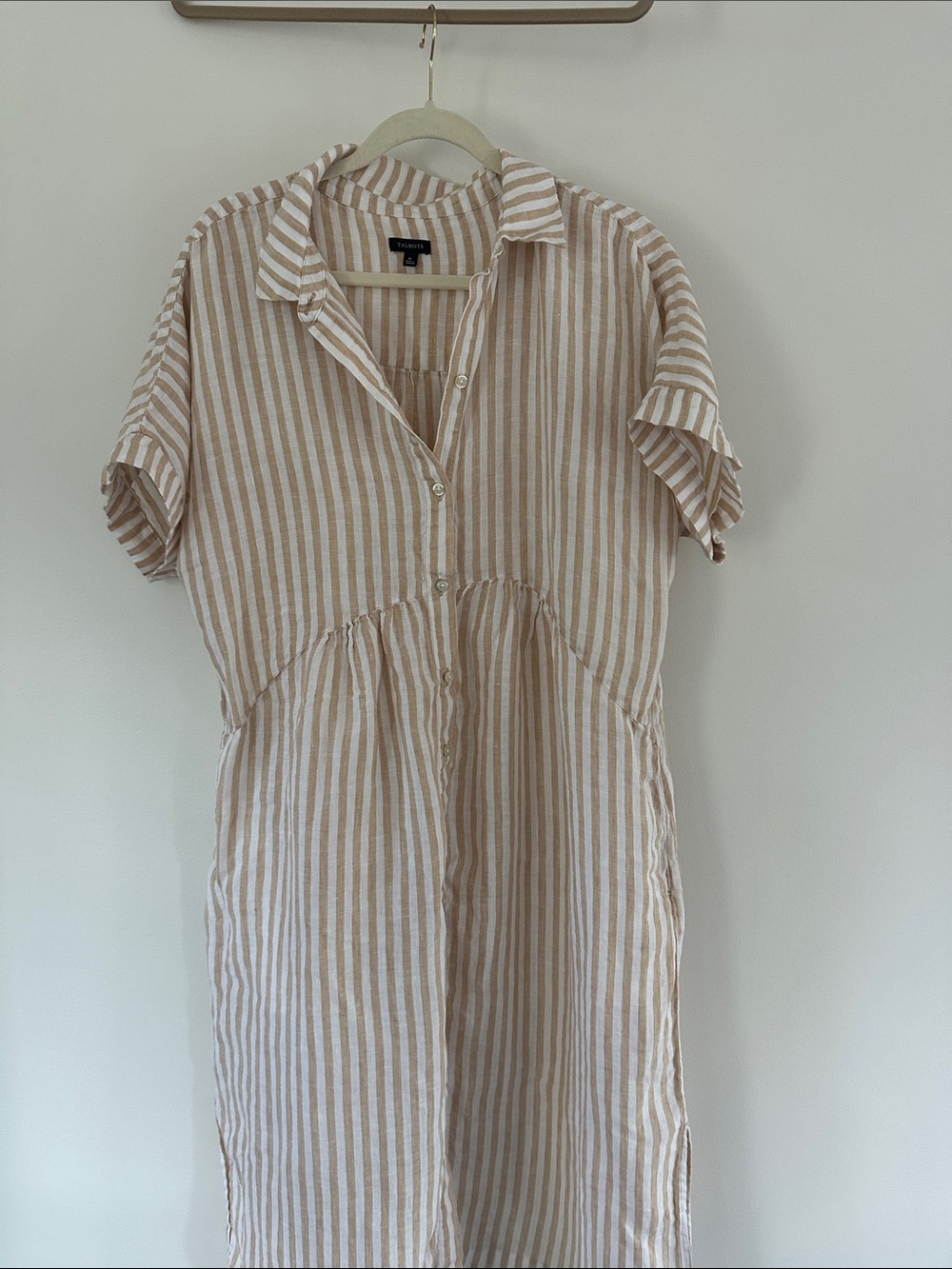 Talbots Beige and White Striped Button-Front Midi Dress